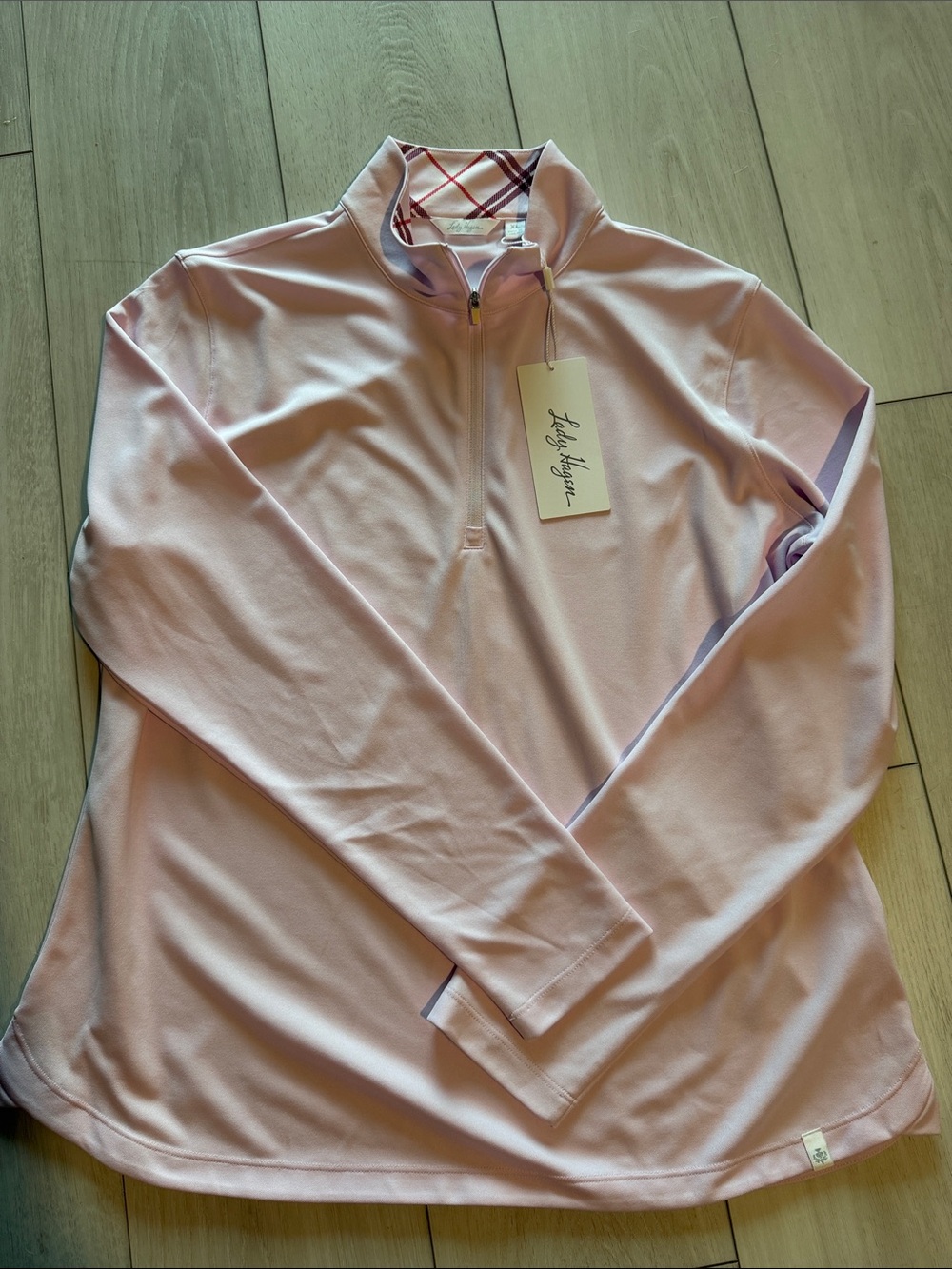 Lady Hagen Light Pink Womens' Long-Sleeve Golf 3/4 Zip Top with Plaid Trim Sz XL